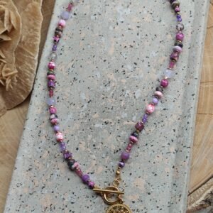 Unikatowy naszyjnik z fioletowych i różowych kamieni agat jaspis jadeit
