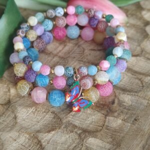 Komplet 3 bransoletek z kolorowego agatu trawionego z motylem – harmonia, styl i dobra energia