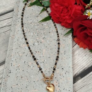 Naszyjnik czarny turmalin, hematyt, serce i złote dodatki