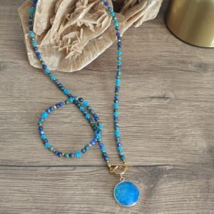 Komplet biżuterii z niebiesko-zielonych kamieni agat azuryt lawa