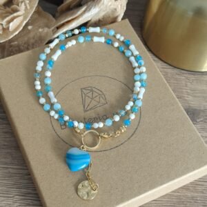 Biało-niebieski naszyjnik, agat, jadeit, koral, masa perłowa