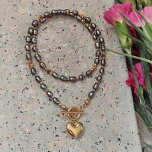 Naszyjnik perła hodowlana oliwka z sercem