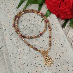 Naszyjnik z kamieni naturalnych – jaspis leopardzi, tygrysie oko i jadeit bordowy | jesienna biżuteria z hematytem