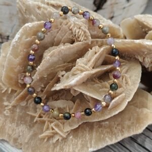 Bransoletka turmalin i ametyst na gumce | delikatna | kamienie 4 mm