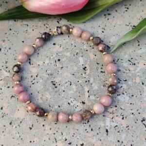 Bransoletka z Rodonitu i Złotego Hematytu – Naturalne Kamienie 6 mm, Fasetowany Rodonit Handmade