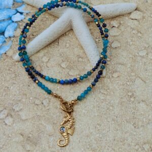 Naszyjnik „Morska Opowieść” – Lapis Lazuli i Apatyt z Zawieszką Konik Morski | Biżuteria Handmade