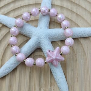 Bransoletka „Pink Star” – Różowa Ceramika ze Złotym Hematytem i Rozgwiazdą